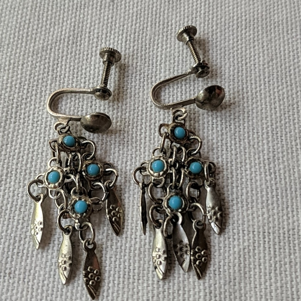 Silver and Blue Vintage Clip on Chandelier Earring